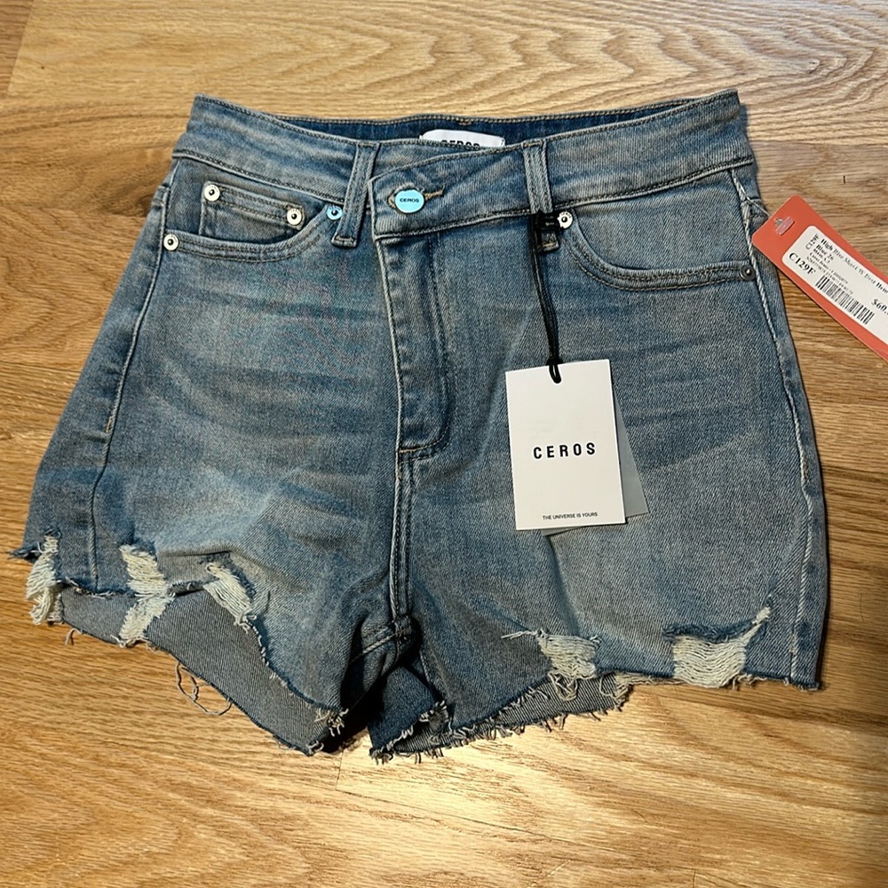 Ceros High Rise denim shorts with crossover waistband